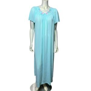 Vintage Shadowline Aqua Nightgown Medium - Embroidered Rose Neckline Nylon Maxi